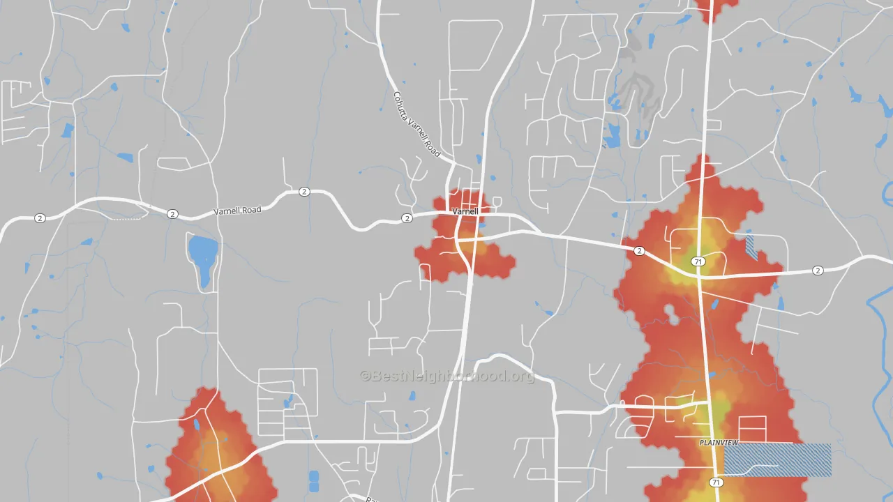 Walk Grade map of 30756, GA, walkable areas in green and car-dependent areas in red