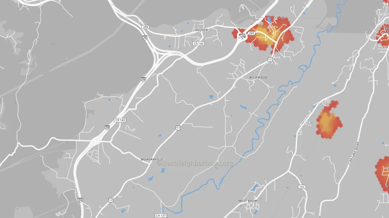 Walk Grade map of 30757, GA, walkable areas in green and car-dependent areas in red