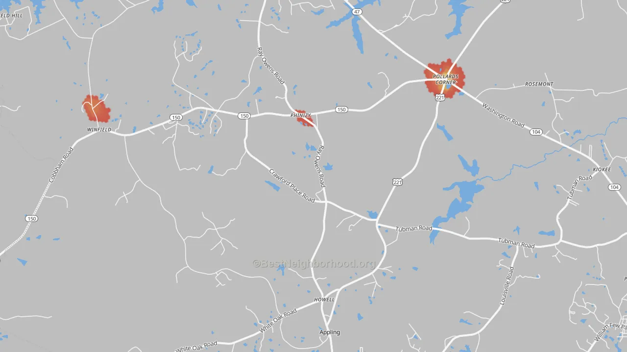 Walk Grade map of 30802, GA, walkable areas in green and car-dependent areas in red