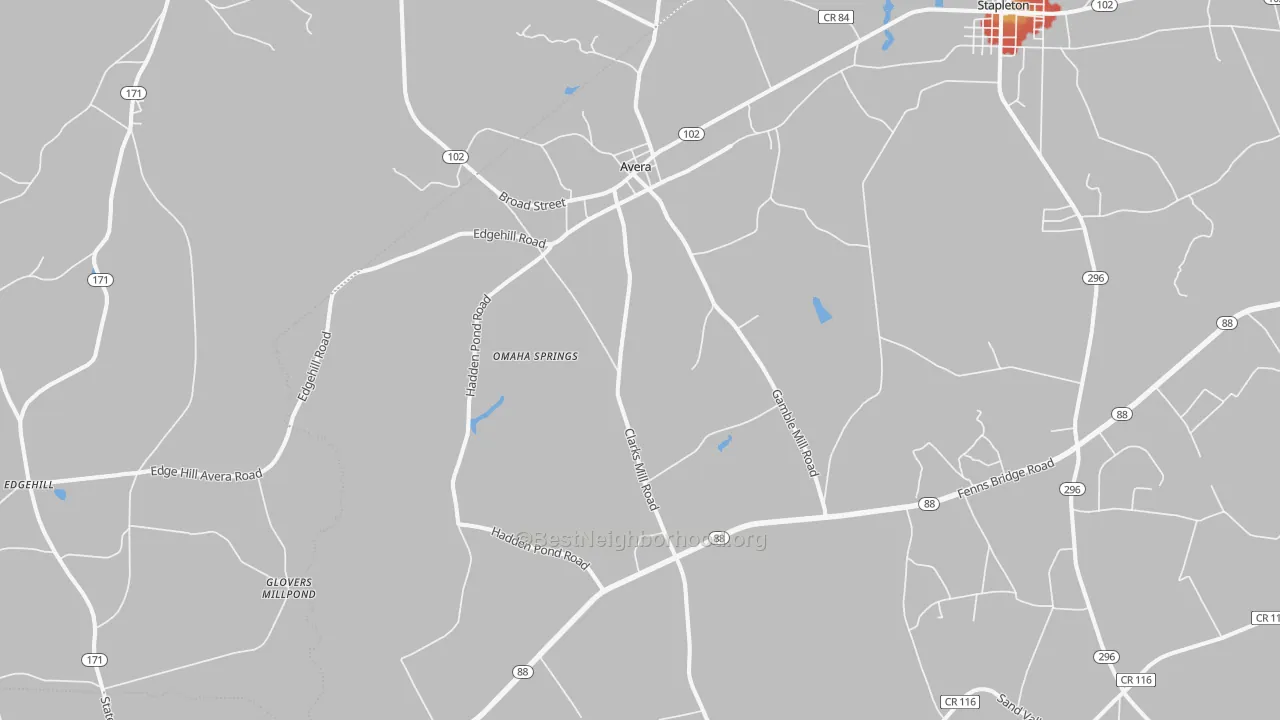 Walk Grade map of 30803, GA, walkable areas in green and car-dependent areas in red