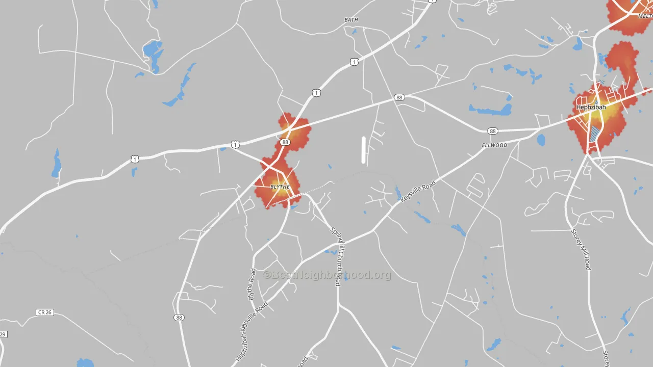 Walk Grade map of 30805, GA, walkable areas in green and car-dependent areas in red