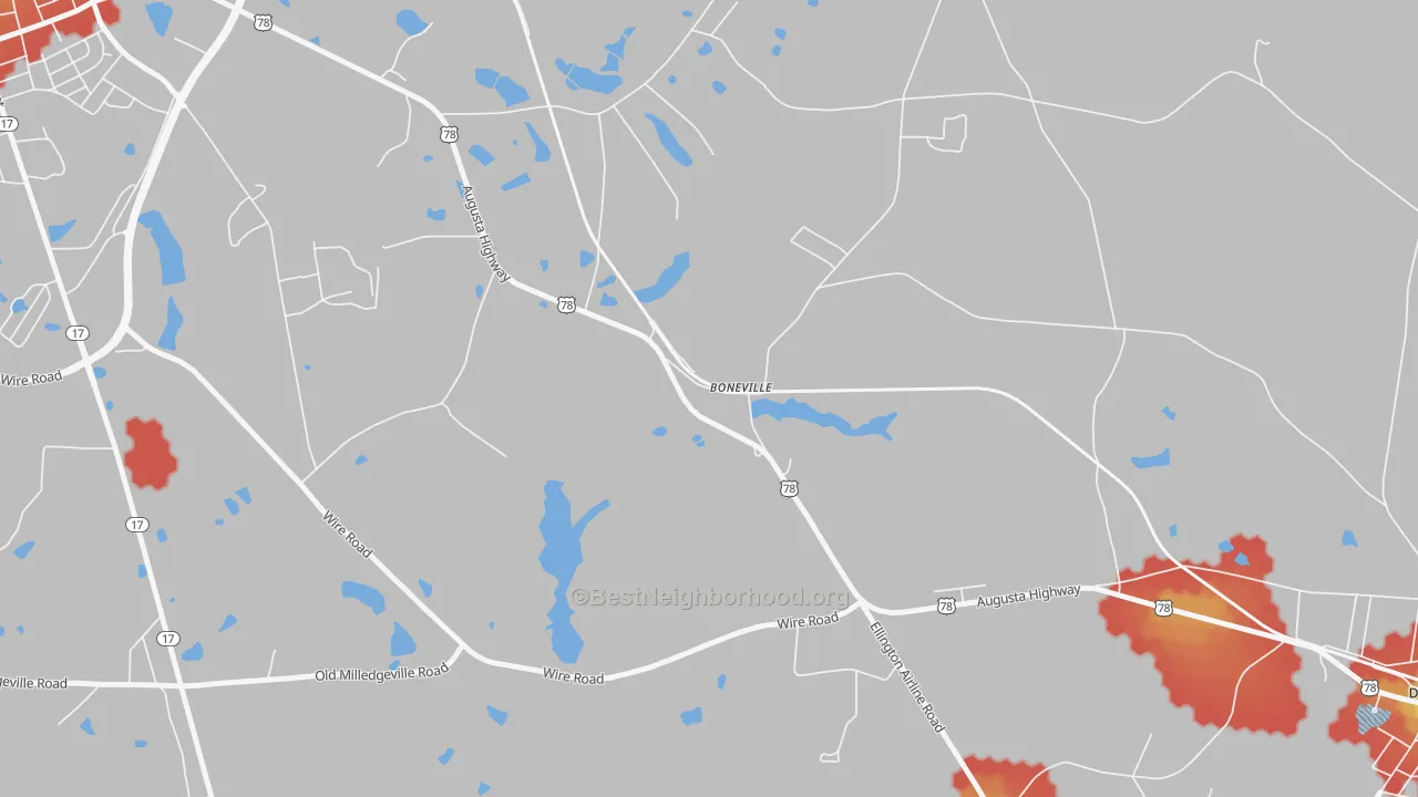 Walk Grade map of 30806, GA, walkable areas in green and car-dependent areas in red