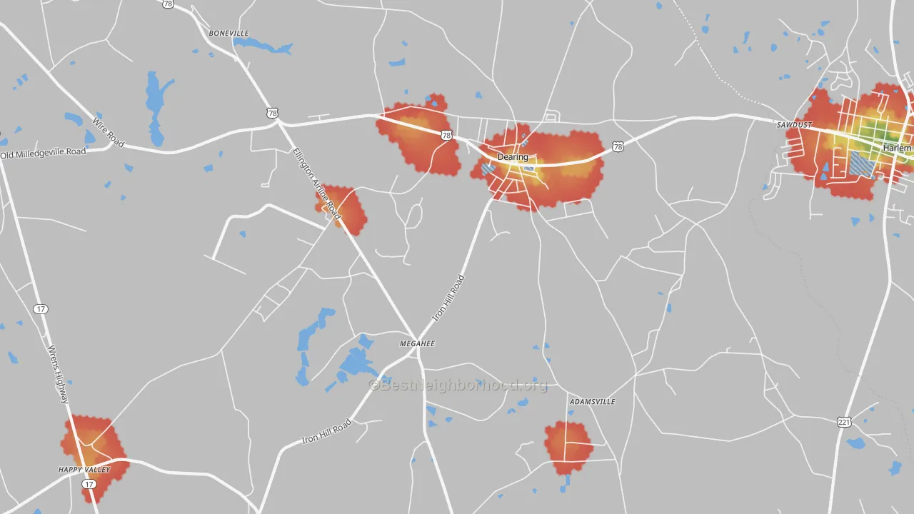 Walk Grade map of 30808, GA, walkable areas in green and car-dependent areas in red