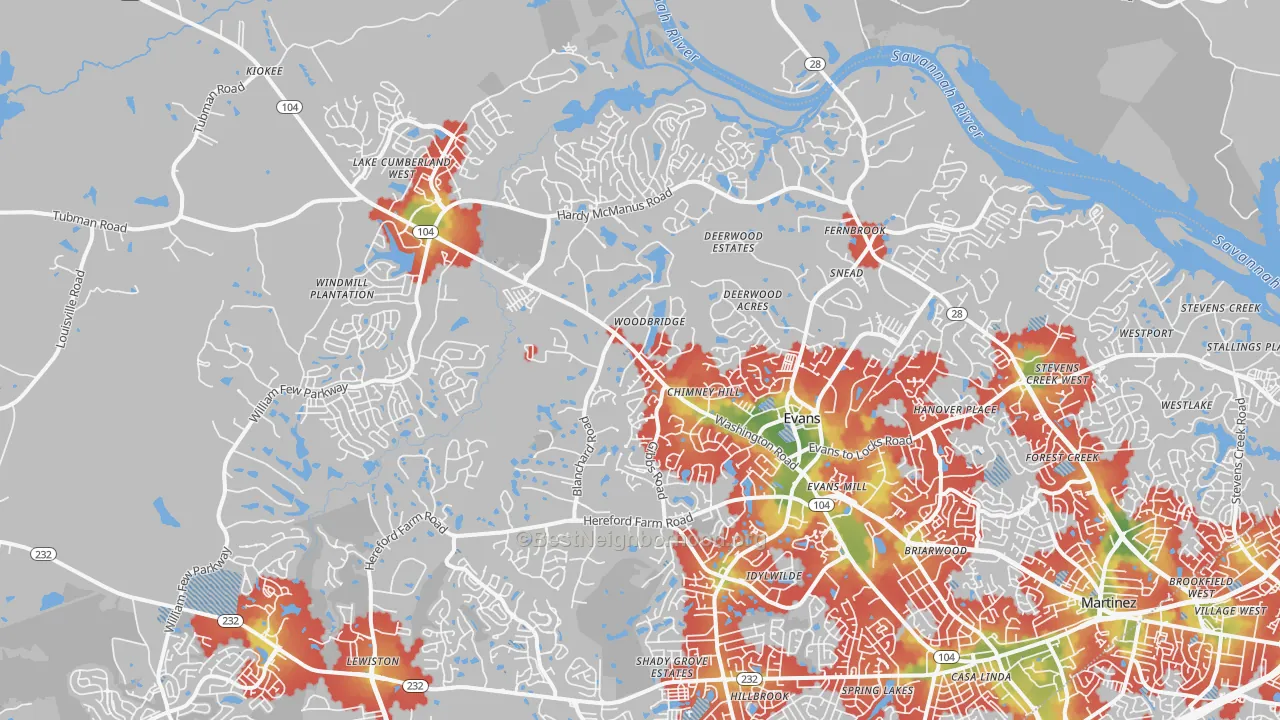 Walk Grade map of 30809, GA, walkable areas in green and car-dependent areas in red