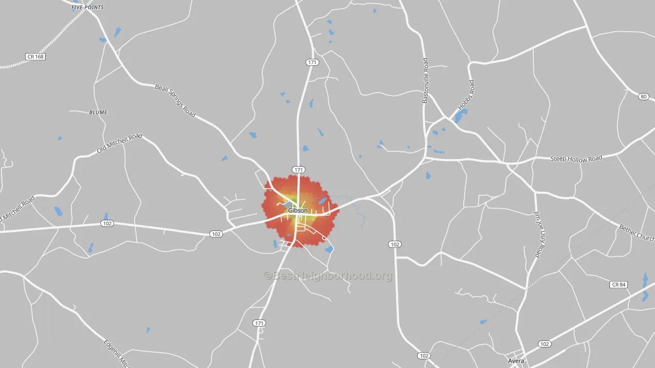 Walk Grade map of 30810, GA, walkable areas in green and car-dependent areas in red