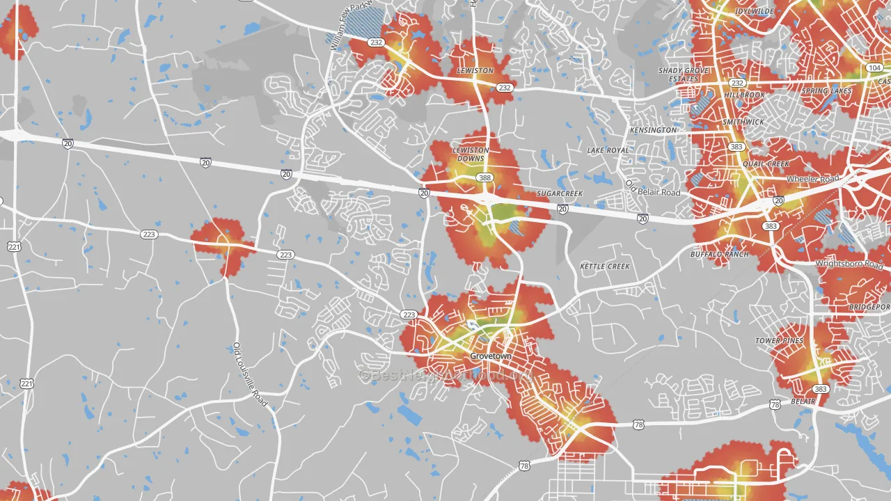 Walk Grade map of 30813, GA, walkable areas in green and car-dependent areas in red
