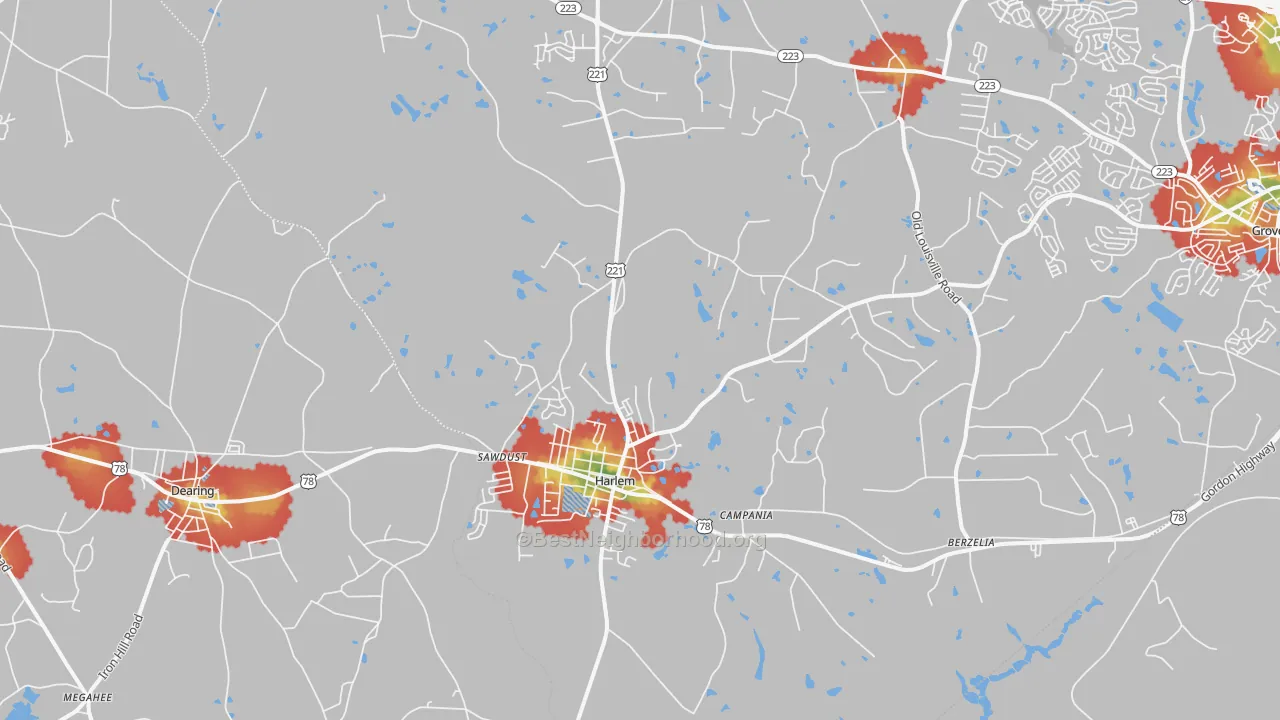 Walk Grade map of 30814, GA, walkable areas in green and car-dependent areas in red