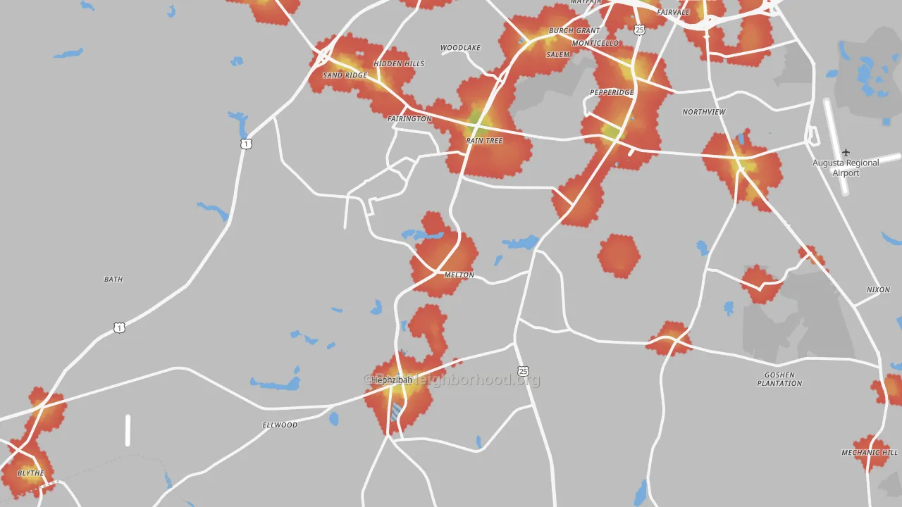 Walk Grade map of 30815, GA, walkable areas in green and car-dependent areas in red
