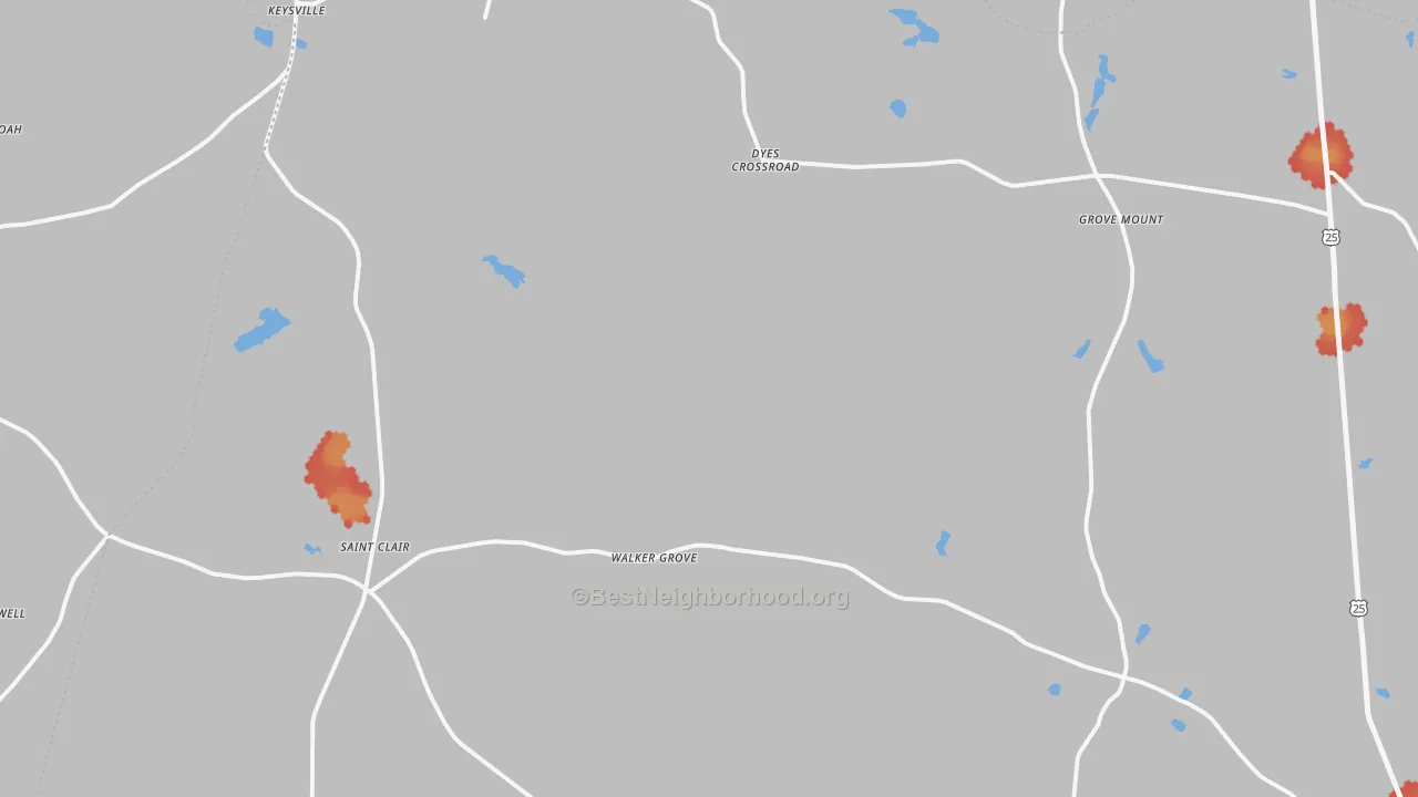 Walk Grade map of 30816, GA, walkable areas in green and car-dependent areas in red