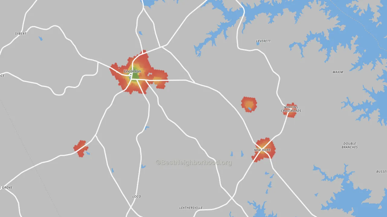 Walk Grade map of 30817, GA, walkable areas in green and car-dependent areas in red