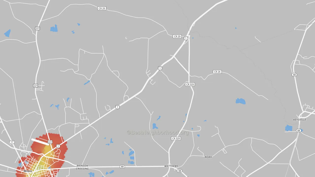 Walk Grade map of 30818, GA, walkable areas in green and car-dependent areas in red