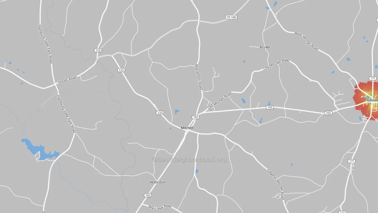 Walk Grade map of 30820, GA, walkable areas in green and car-dependent areas in red