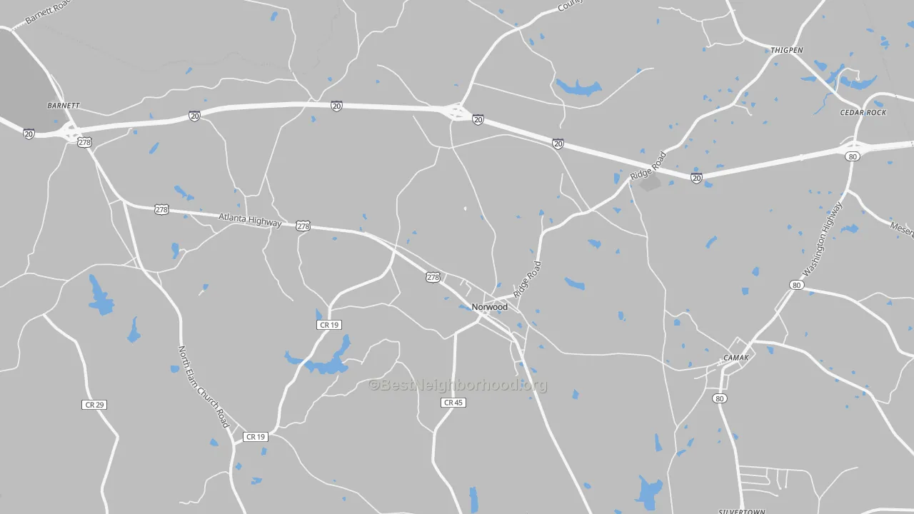 Walk Grade map of 30821, GA, walkable areas in green and car-dependent areas in red
