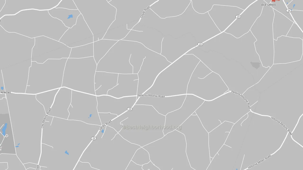 Walk Grade map of 30822, GA, walkable areas in green and car-dependent areas in red