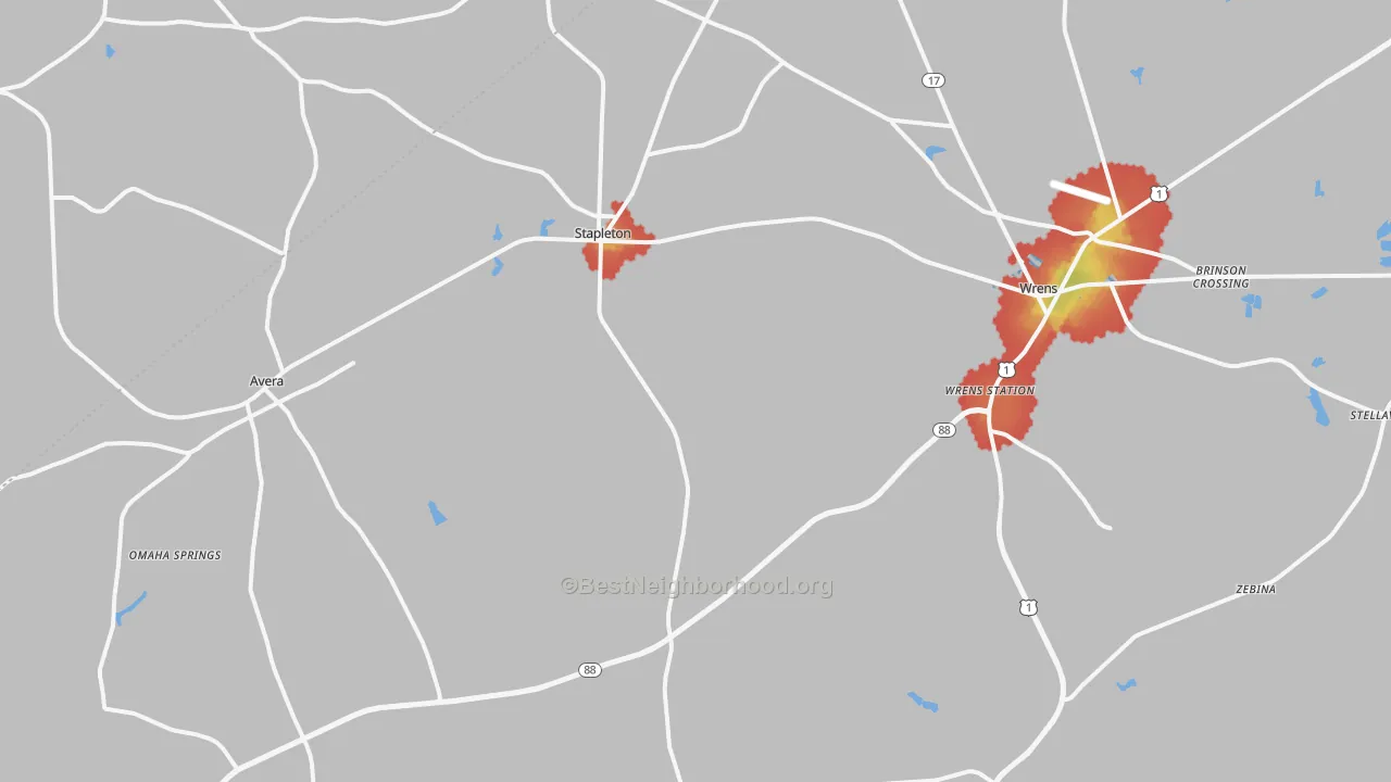 Walk Grade map of 30823, GA, walkable areas in green and car-dependent areas in red