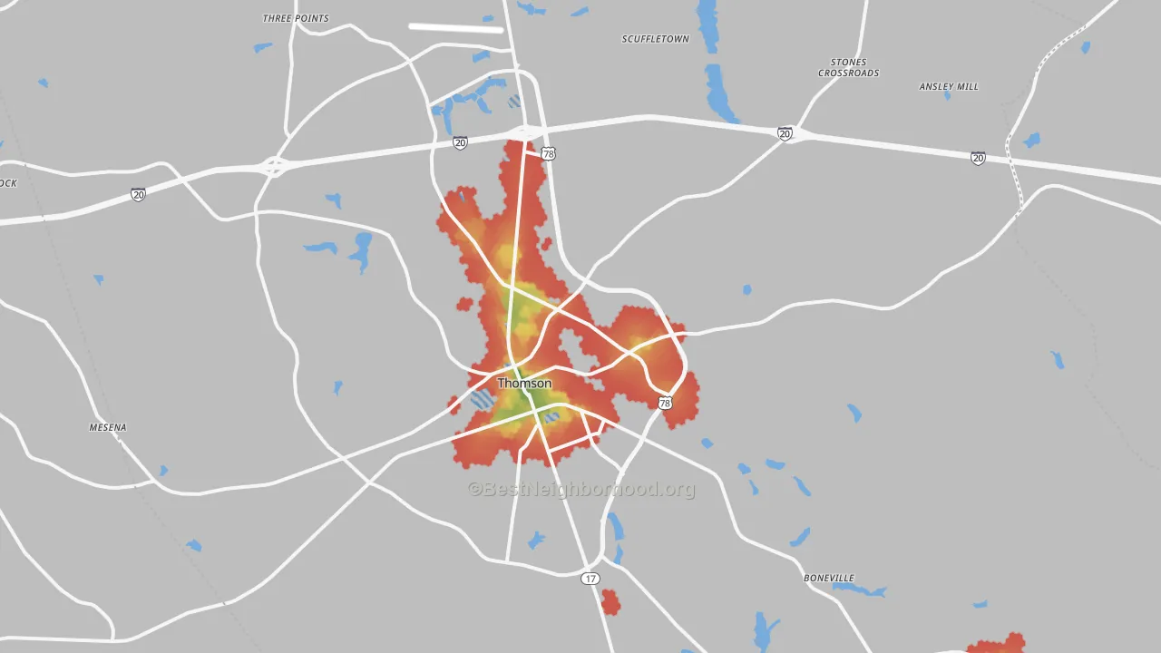 Walk Grade map of 30824, GA, walkable areas in green and car-dependent areas in red