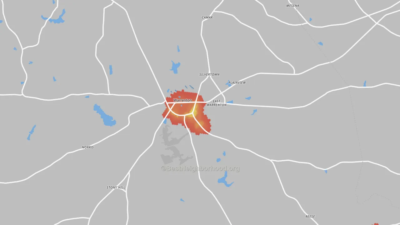 Walk Grade map of 30828, GA, walkable areas in green and car-dependent areas in red