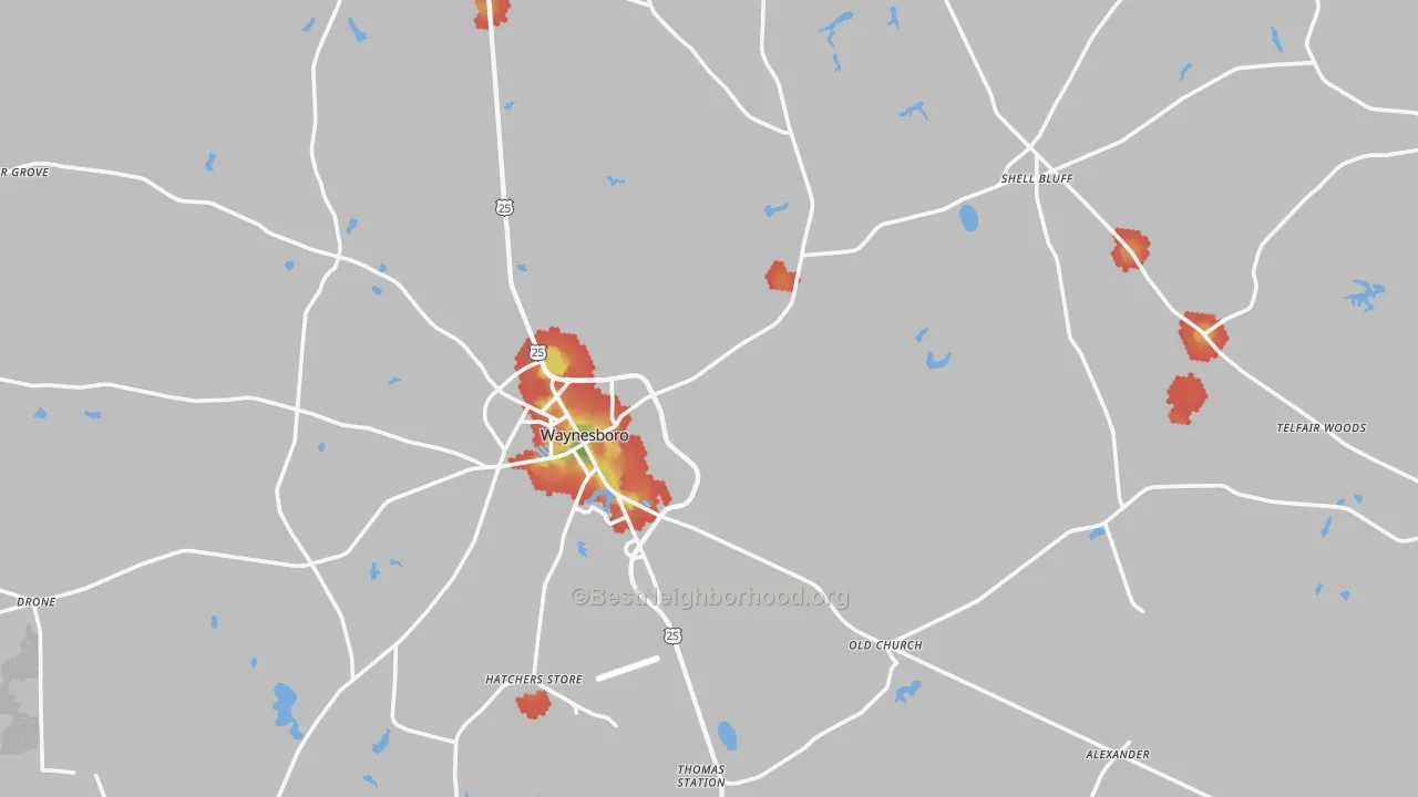 Walk Grade map of 30830, GA, walkable areas in green and car-dependent areas in red