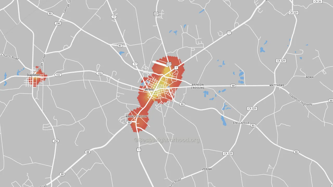 Walk Grade map of 30833, GA, walkable areas in green and car-dependent areas in red