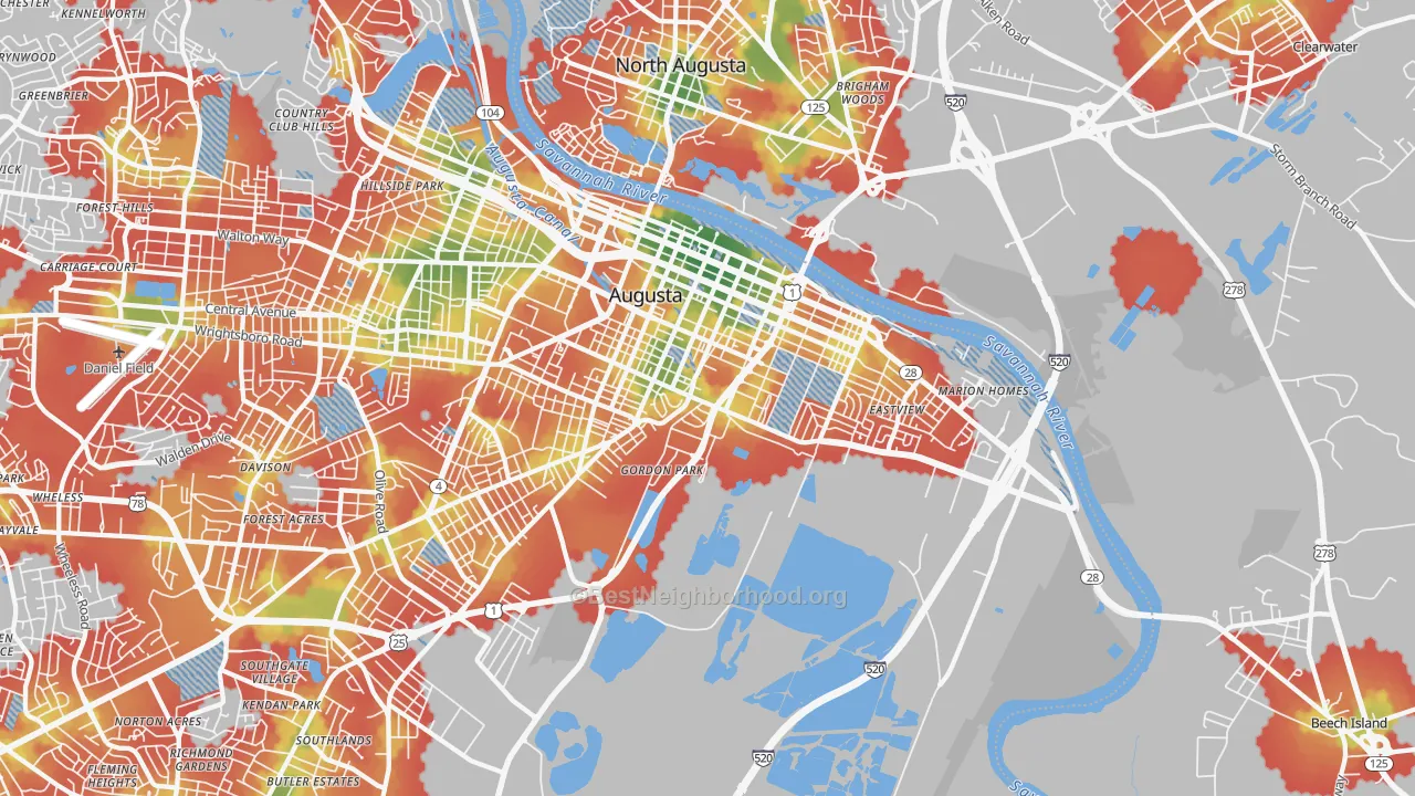 Walk Grade map of 30901, GA, walkable areas in green and car-dependent areas in red