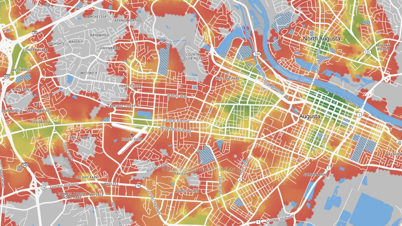 Walk Grade map of 30904, GA, walkable areas in green and car-dependent areas in red
