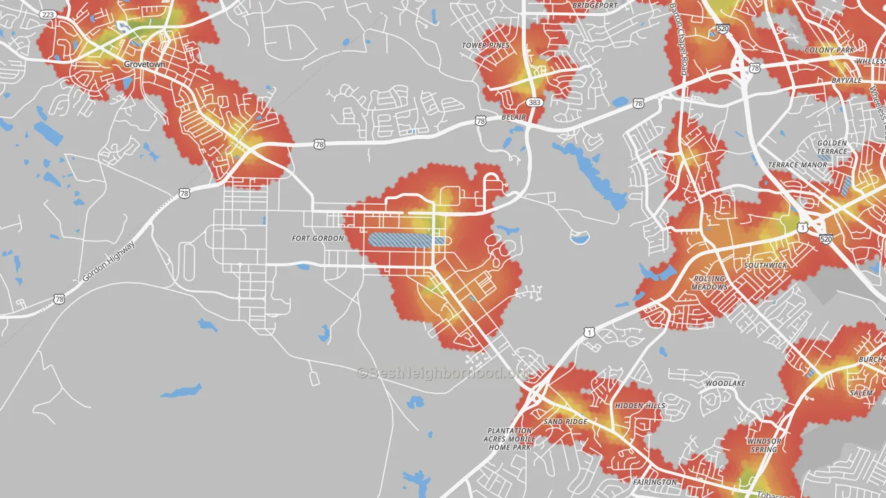 Walk Grade map of 30905, GA, walkable areas in green and car-dependent areas in red