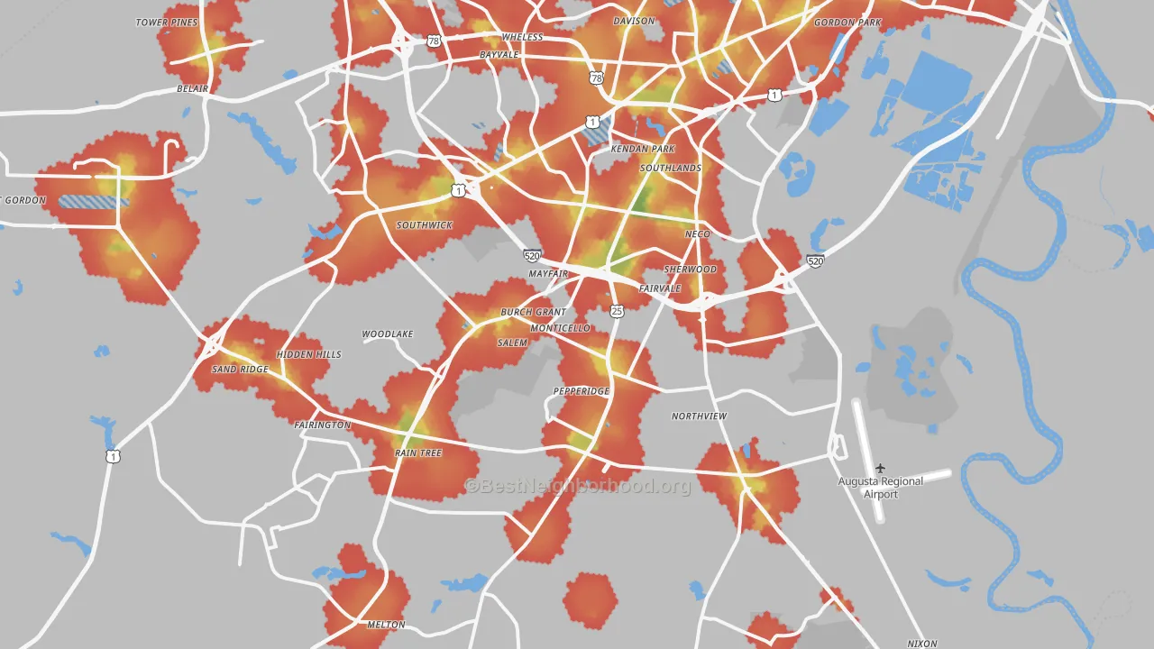 Walk Grade map of 30906, GA, walkable areas in green and car-dependent areas in red
