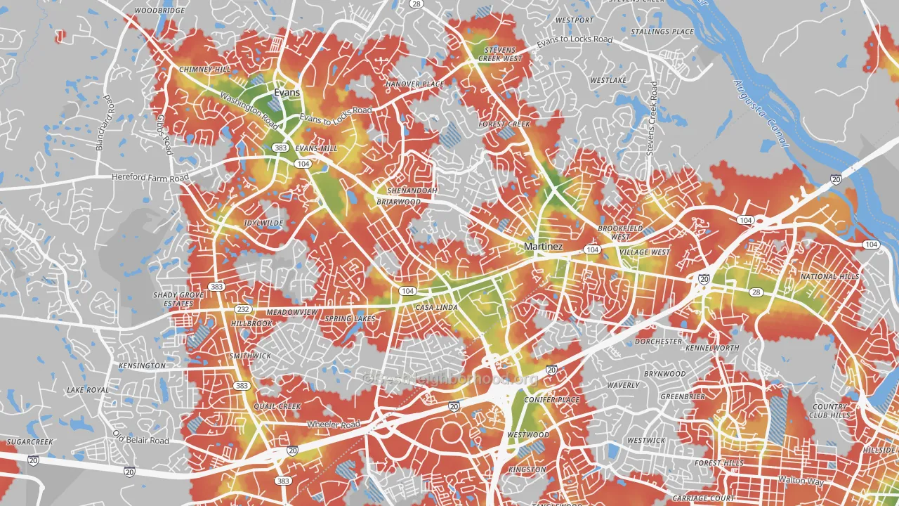 Walk Grade map of 30907, GA, walkable areas in green and car-dependent areas in red