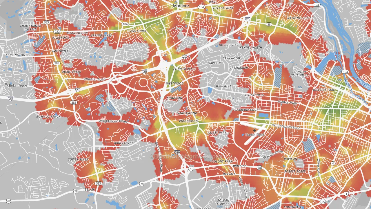 Walk Grade map of 30909, GA, walkable areas in green and car-dependent areas in red