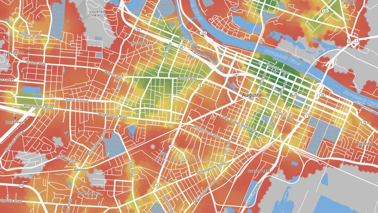 Walk Grade map of 30912, GA, walkable areas in green and car-dependent areas in red