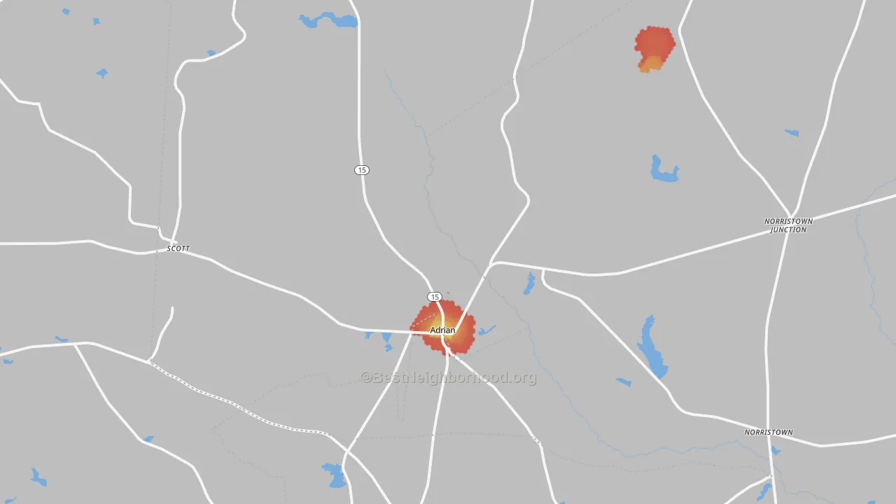 Walk Grade map of 31002, GA, walkable areas in green and car-dependent areas in red