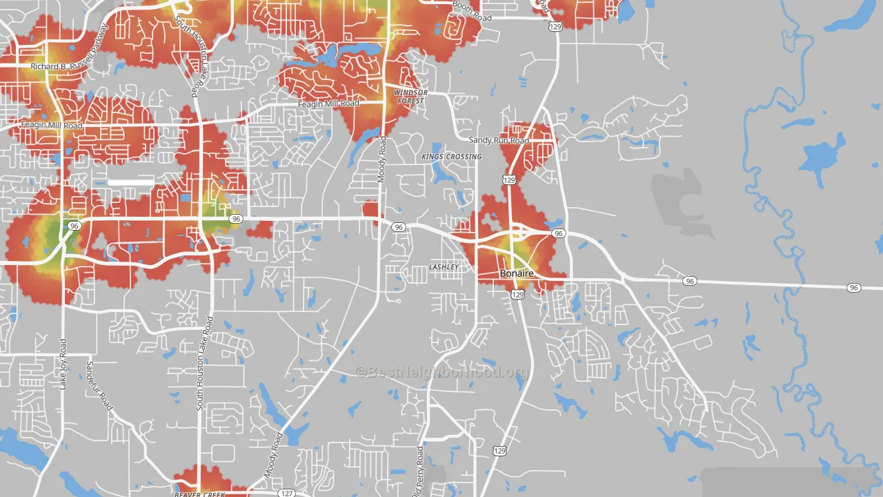 Walk Grade map of 31005, GA, walkable areas in green and car-dependent areas in red