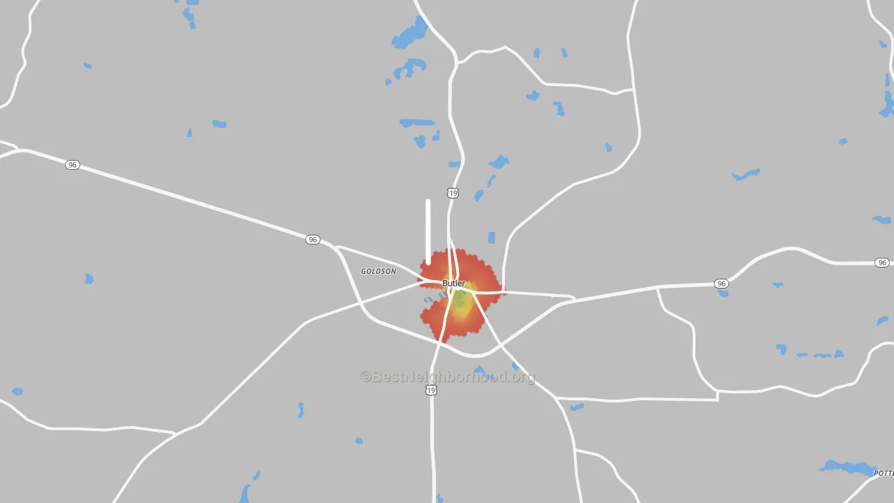 Walk Grade map of 31006, GA, walkable areas in green and car-dependent areas in red