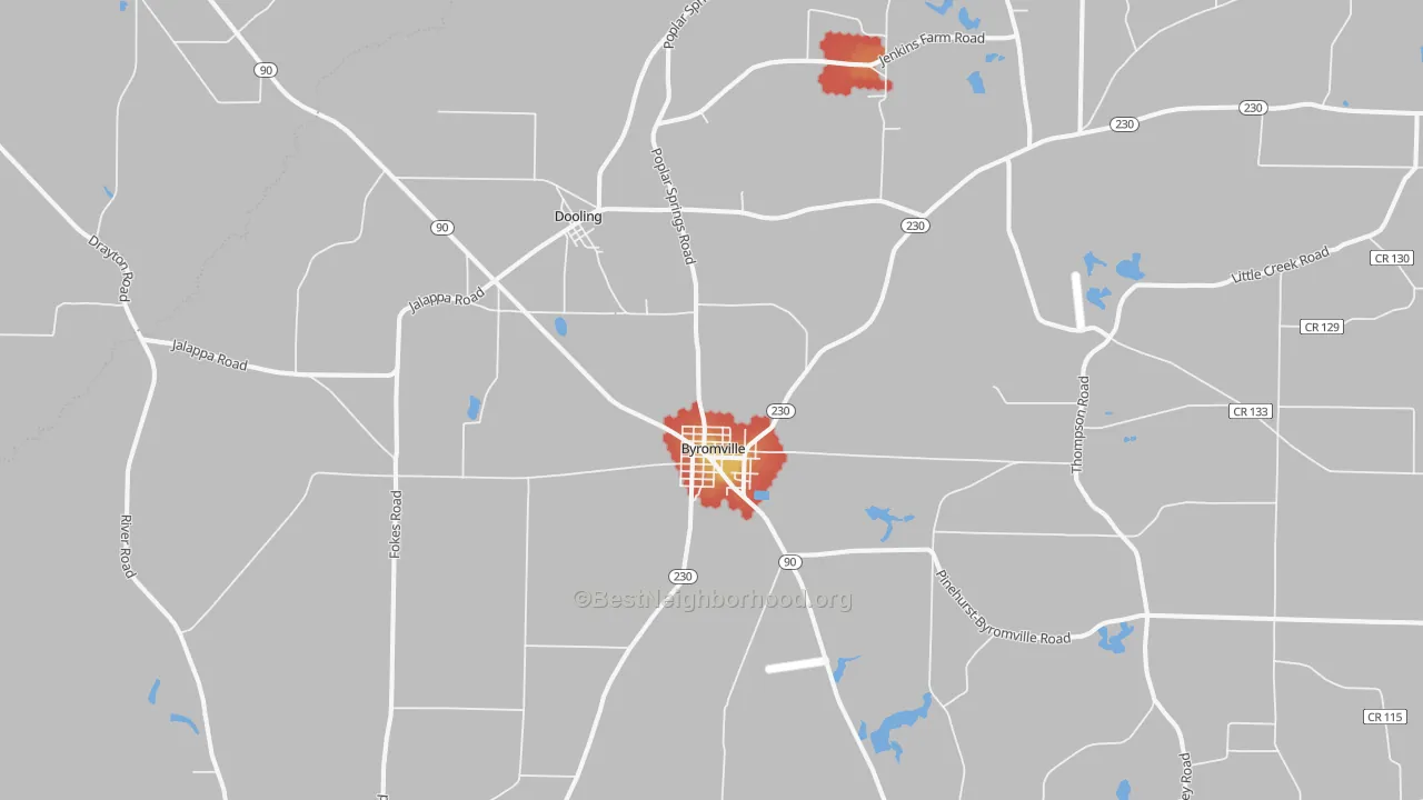 Walk Grade map of 31007, GA, walkable areas in green and car-dependent areas in red