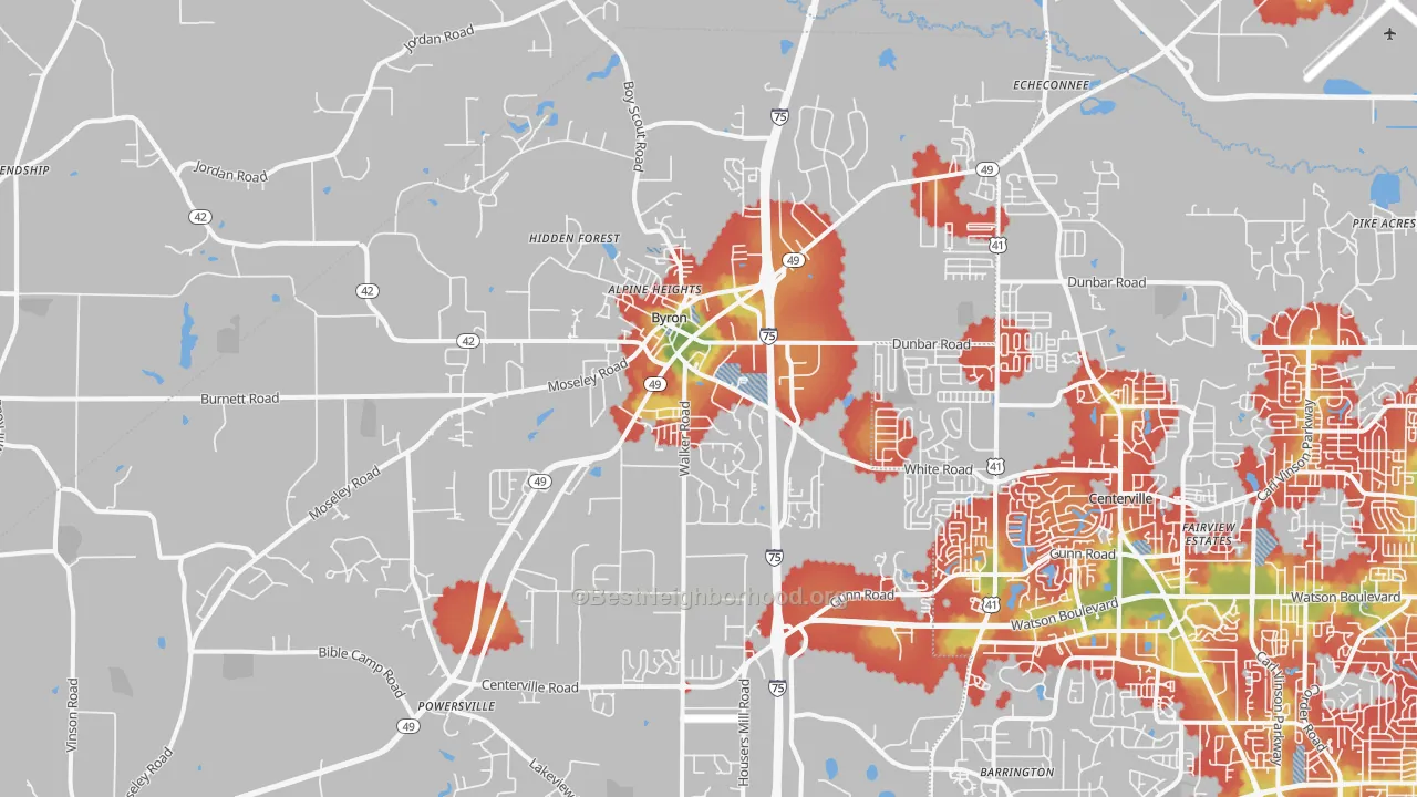 Walk Grade map of 31008, GA, walkable areas in green and car-dependent areas in red