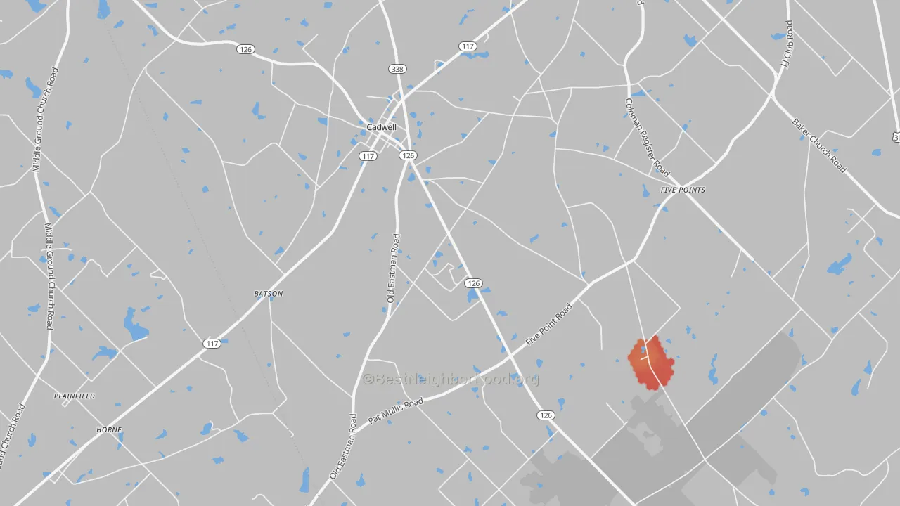 Walk Grade map of 31009, GA, walkable areas in green and car-dependent areas in red