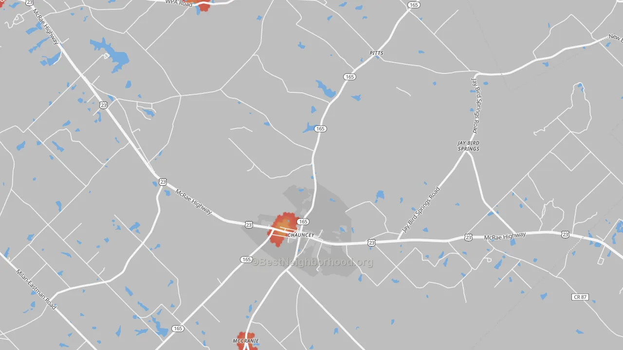Walk Grade map of 31011, GA, walkable areas in green and car-dependent areas in red