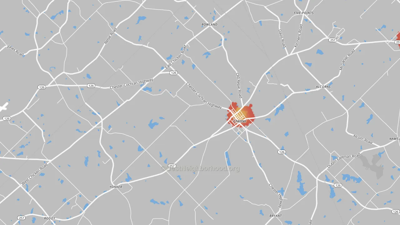 Walk Grade map of 31012, GA, walkable areas in green and car-dependent areas in red