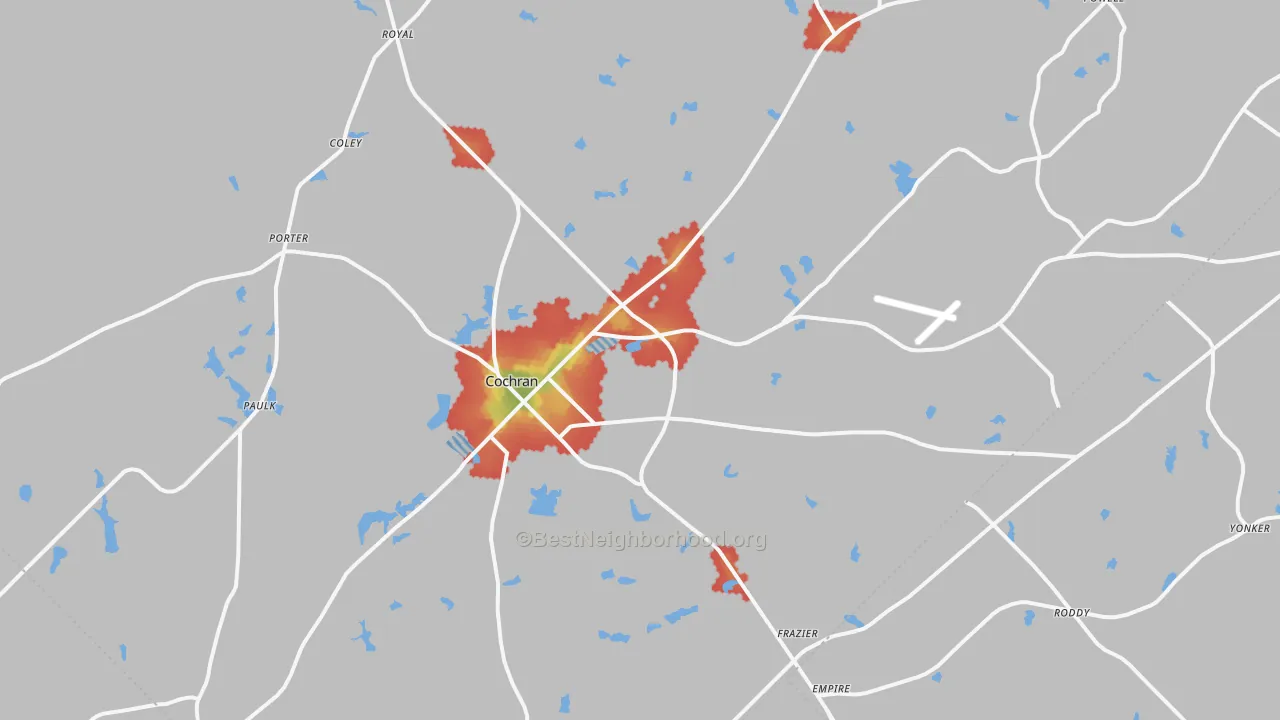 Walk Grade map of 31014, GA, walkable areas in green and car-dependent areas in red