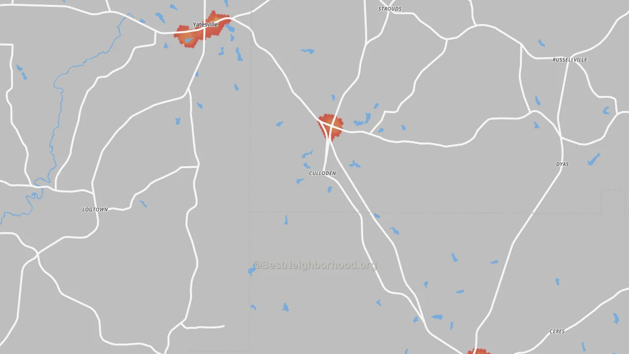 Walk Grade map of 31016, GA, walkable areas in green and car-dependent areas in red
