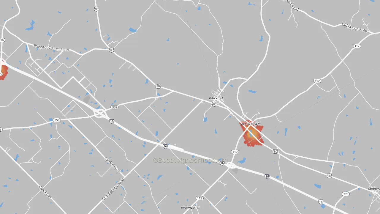 Walk Grade map of 31017, GA, walkable areas in green and car-dependent areas in red