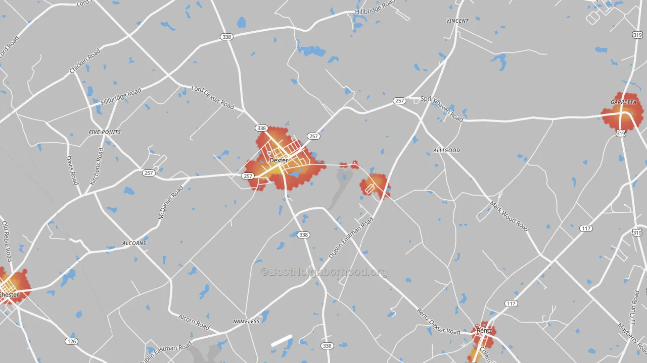 Walk Grade map of 31019, GA, walkable areas in green and car-dependent areas in red