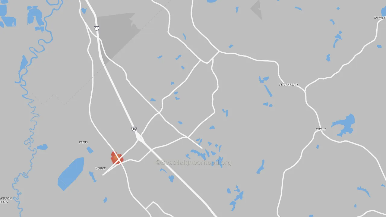 Walk Grade map of 31020, GA, walkable areas in green and car-dependent areas in red