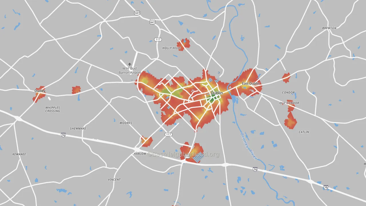 Walk Grade map of 31021, GA, walkable areas in green and car-dependent areas in red