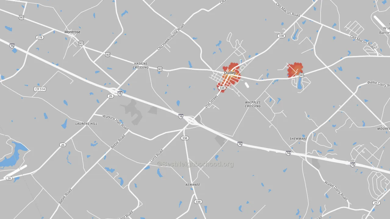 Walk Grade map of 31022, GA, walkable areas in green and car-dependent areas in red