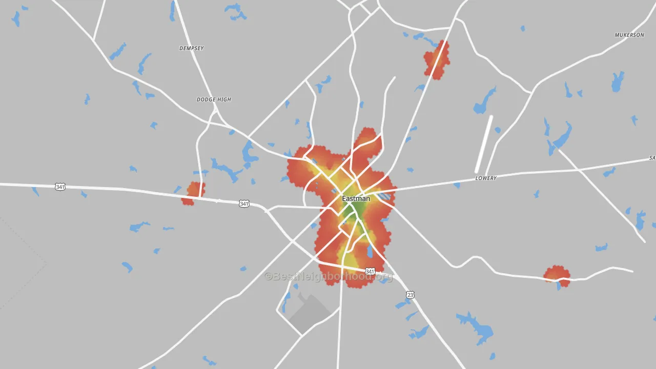 Walk Grade map of 31023, GA, walkable areas in green and car-dependent areas in red
