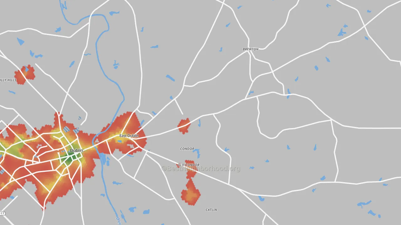 Walk Grade map of 31027, GA, walkable areas in green and car-dependent areas in red