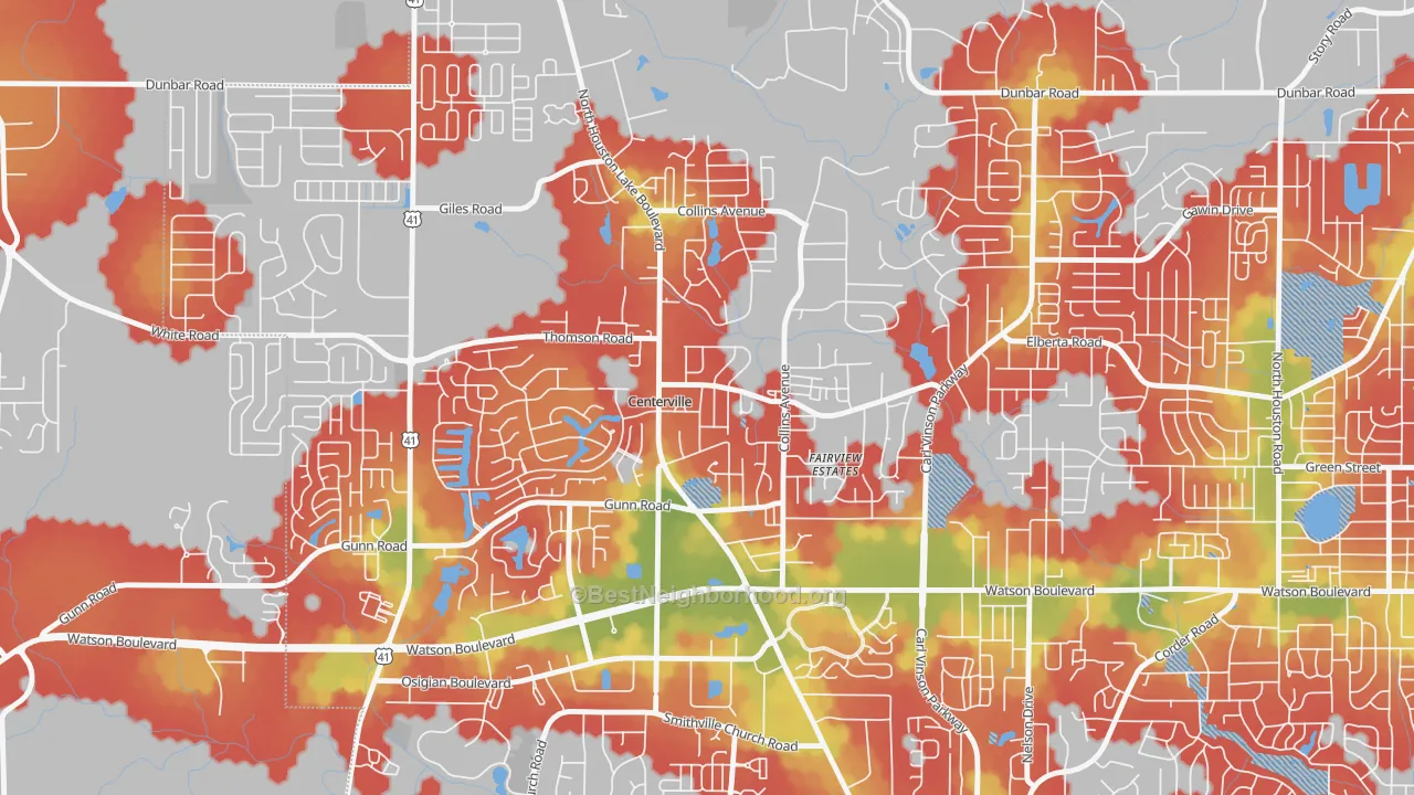 Walk Grade map of 31028, GA, walkable areas in green and car-dependent areas in red