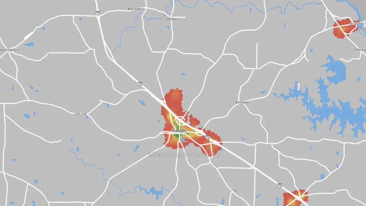 Walk Grade map of 31029, GA, walkable areas in green and car-dependent areas in red