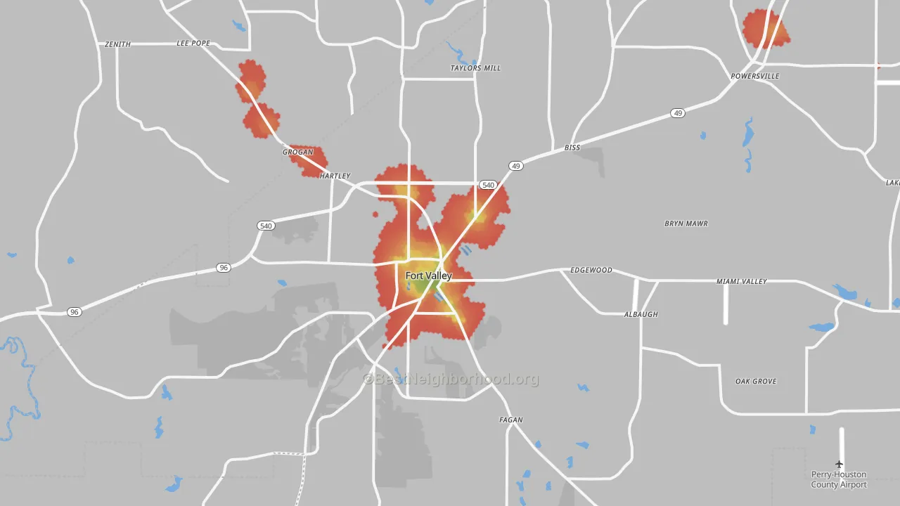 Walk Grade map of 31030, GA, walkable areas in green and car-dependent areas in red